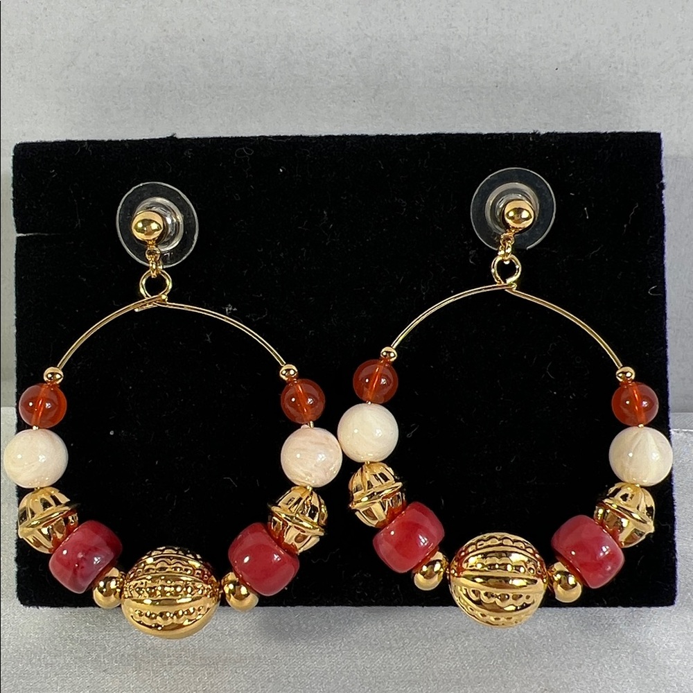 Chic Gold and Red Beaded Hoop Earrings Bohemian Bold globally-inspired aesthetic - Picture 2 of 3